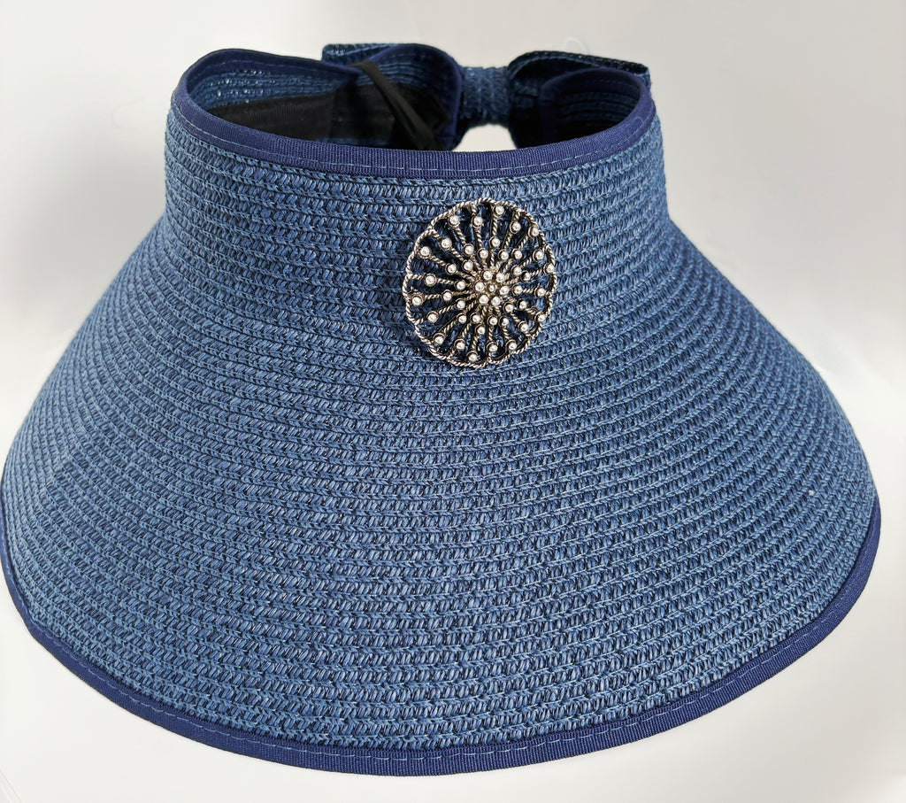 Blue Straw Sun Visor with Brooch