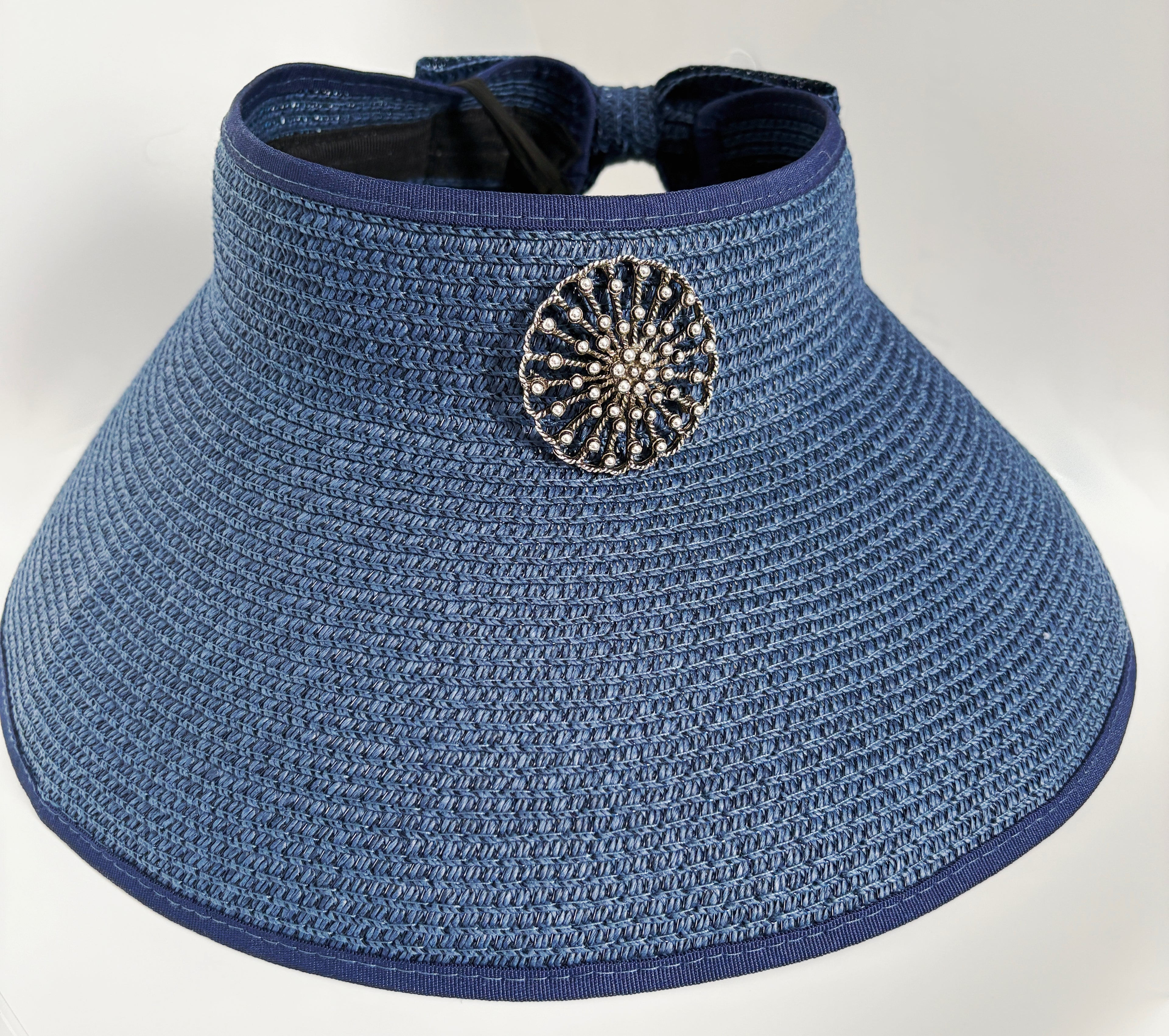 Blue Straw Sun Visor with Brooch