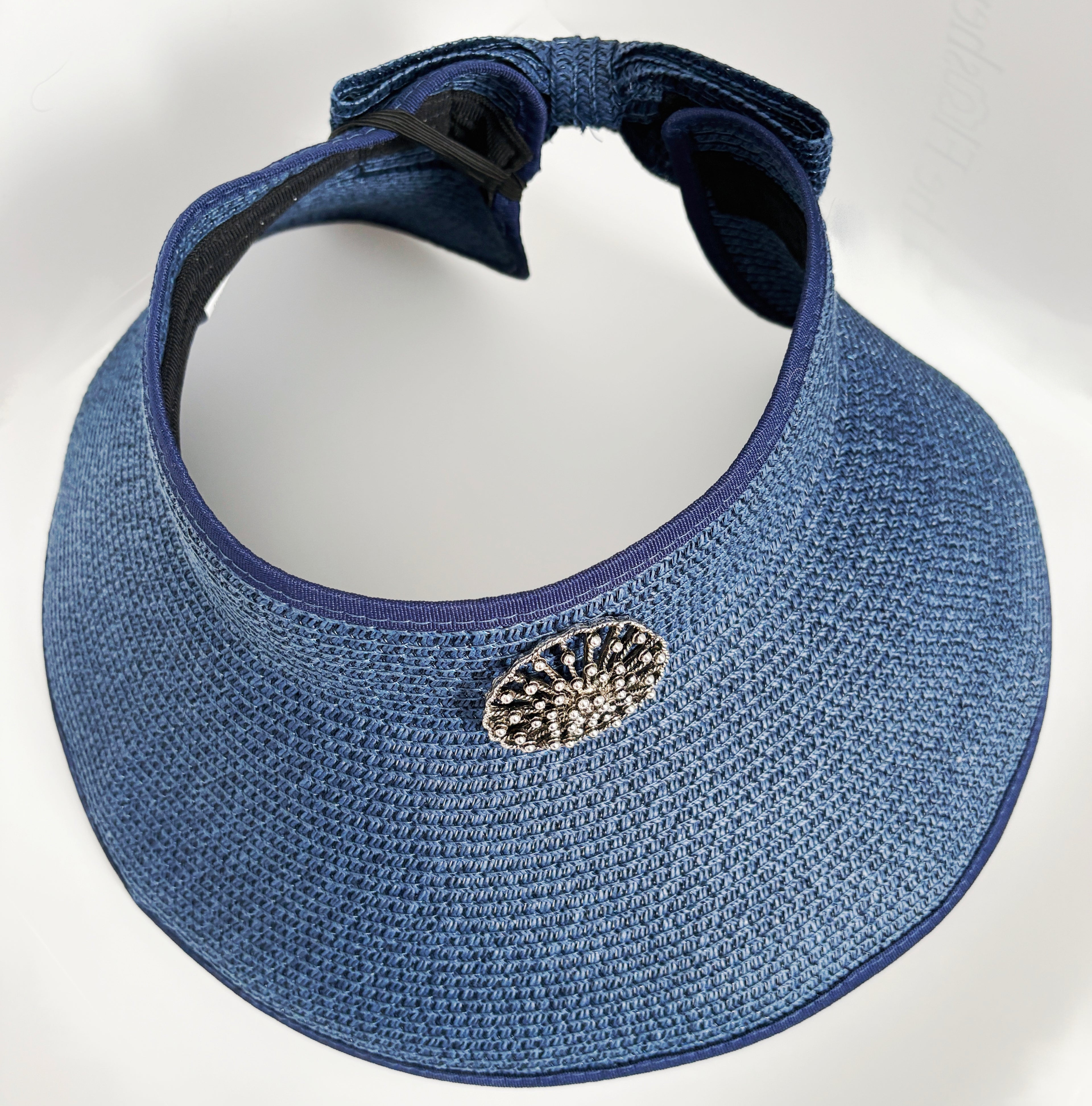 Blue Straw Sun Visor with Brooch