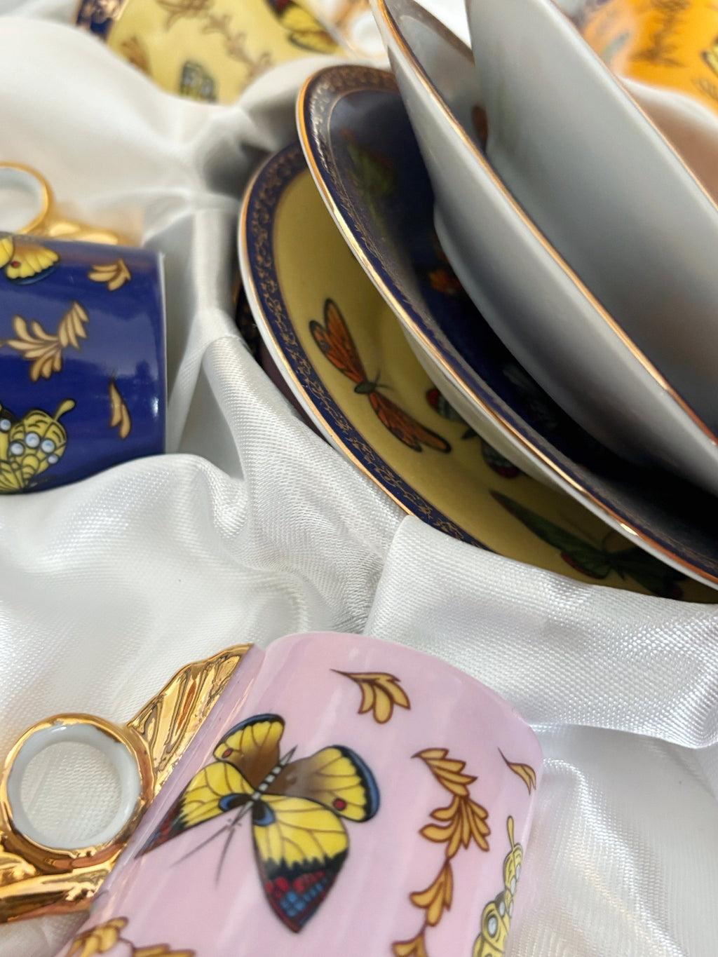 Classic Coffee Tea Butterfly Set Of 6 Espresso Cups and Plates