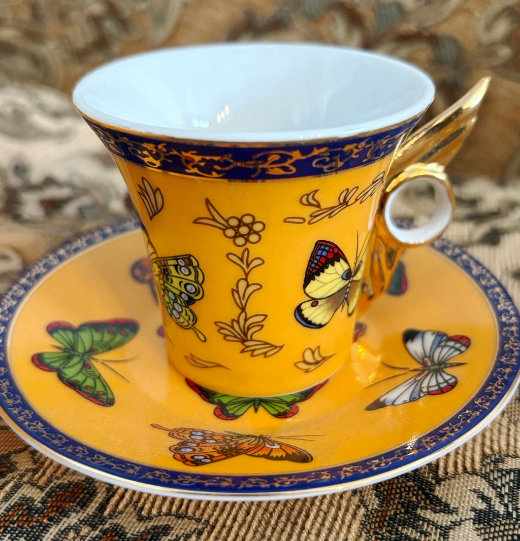 Classic Coffee Tea Butterfly Set Of 6 Espresso Cups and Plates