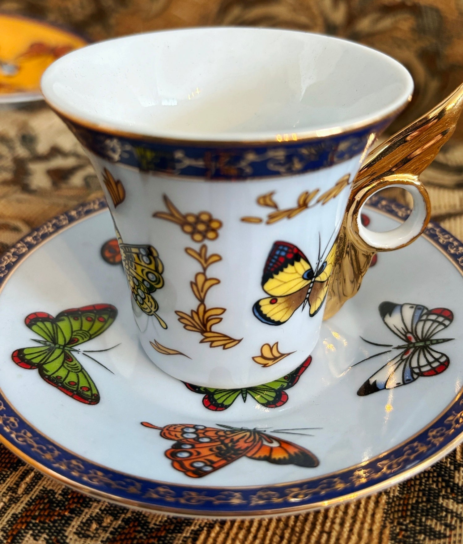 Classic Coffee Tea Butterfly Set Of 6 Espresso Cups and Plates