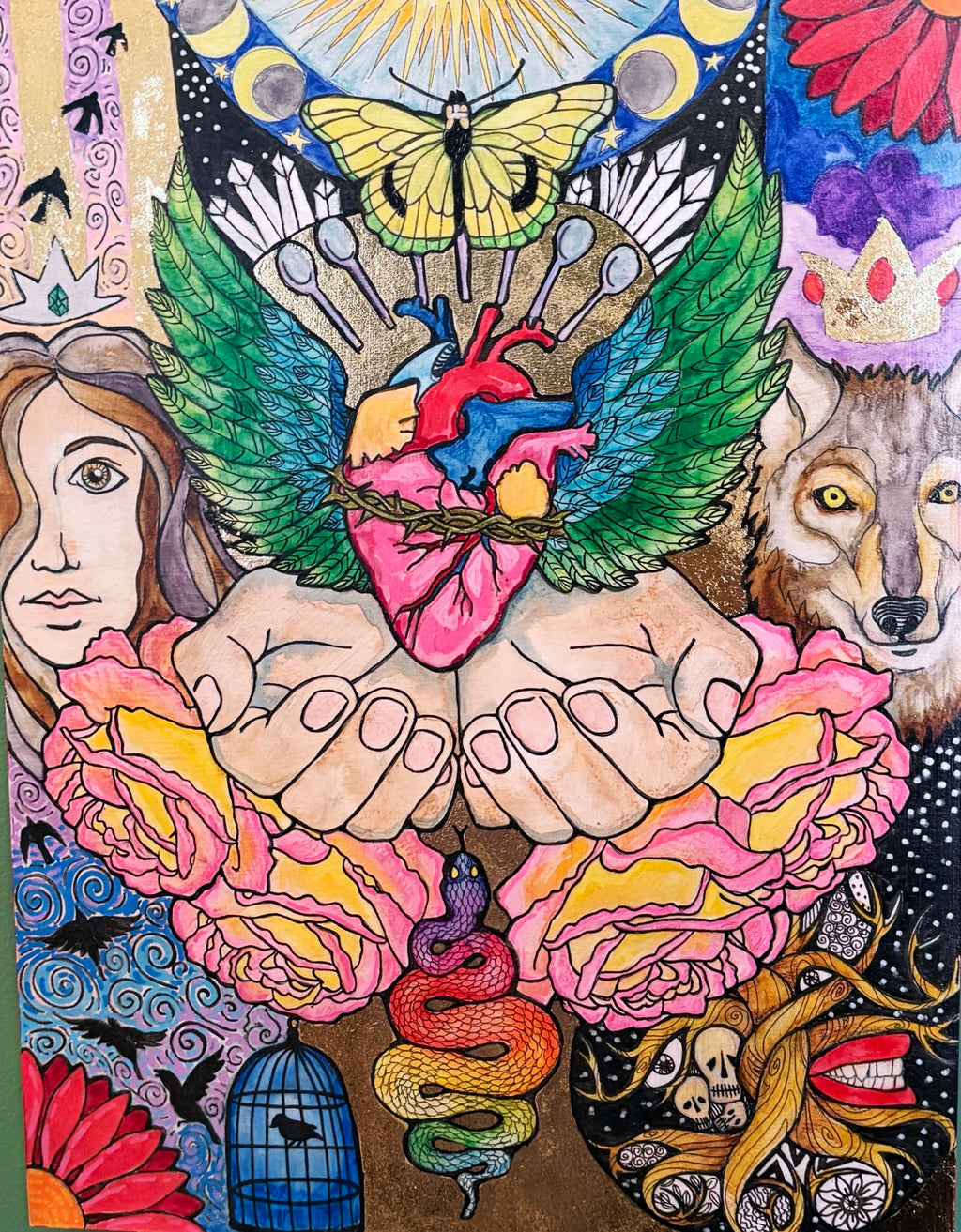 "Caregiver" mixed media collage with gold leaf