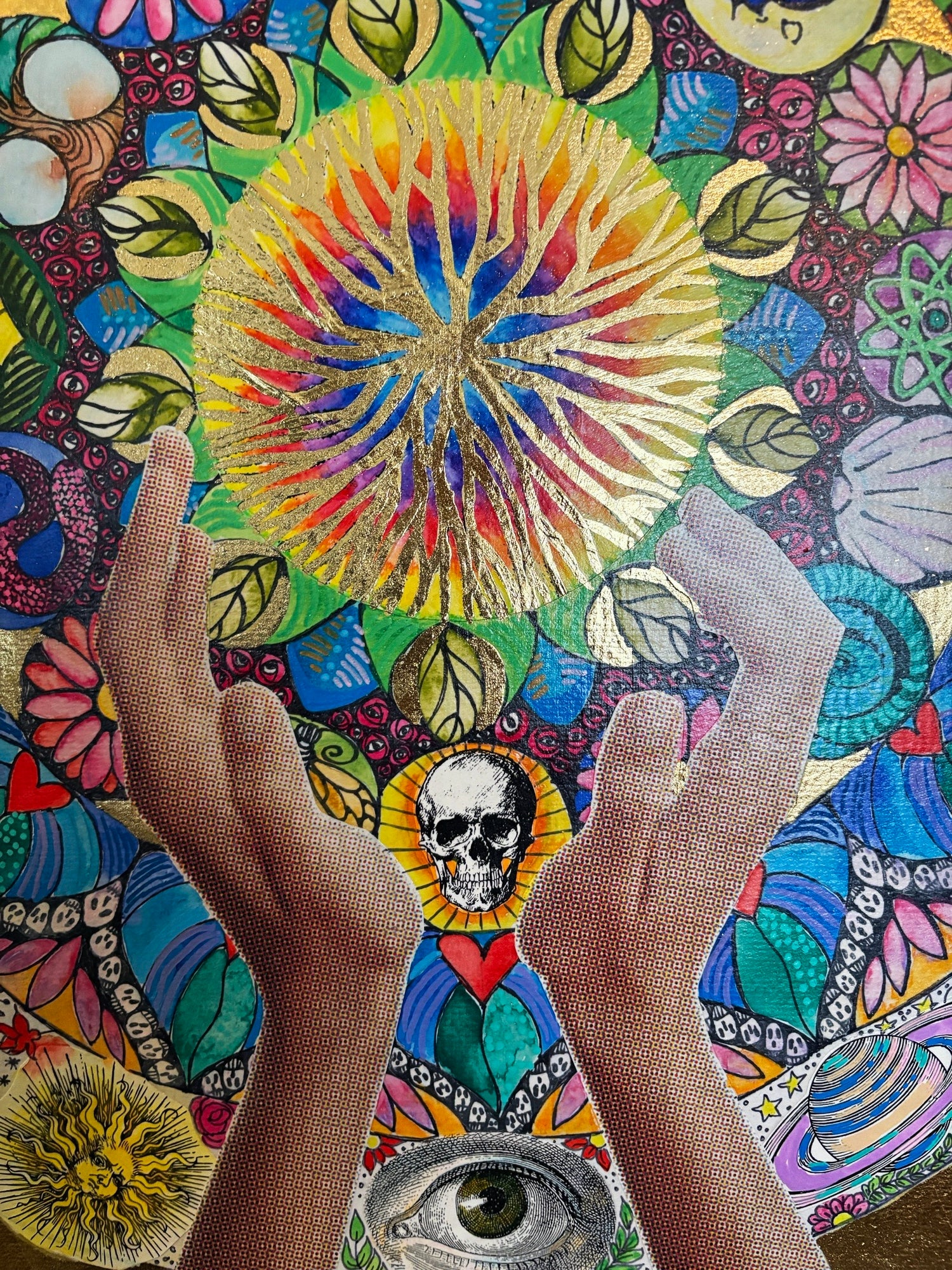 "Creator" mixed media collage with gold leaf