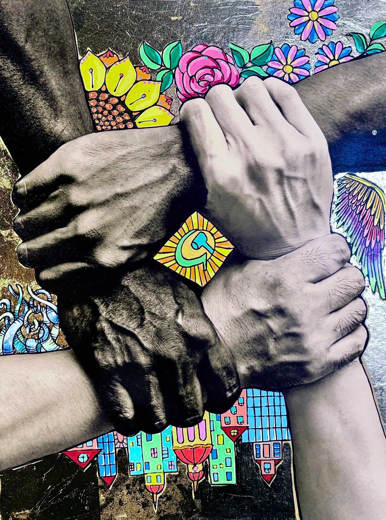 "Everyman" mixed media collage with gold leaf