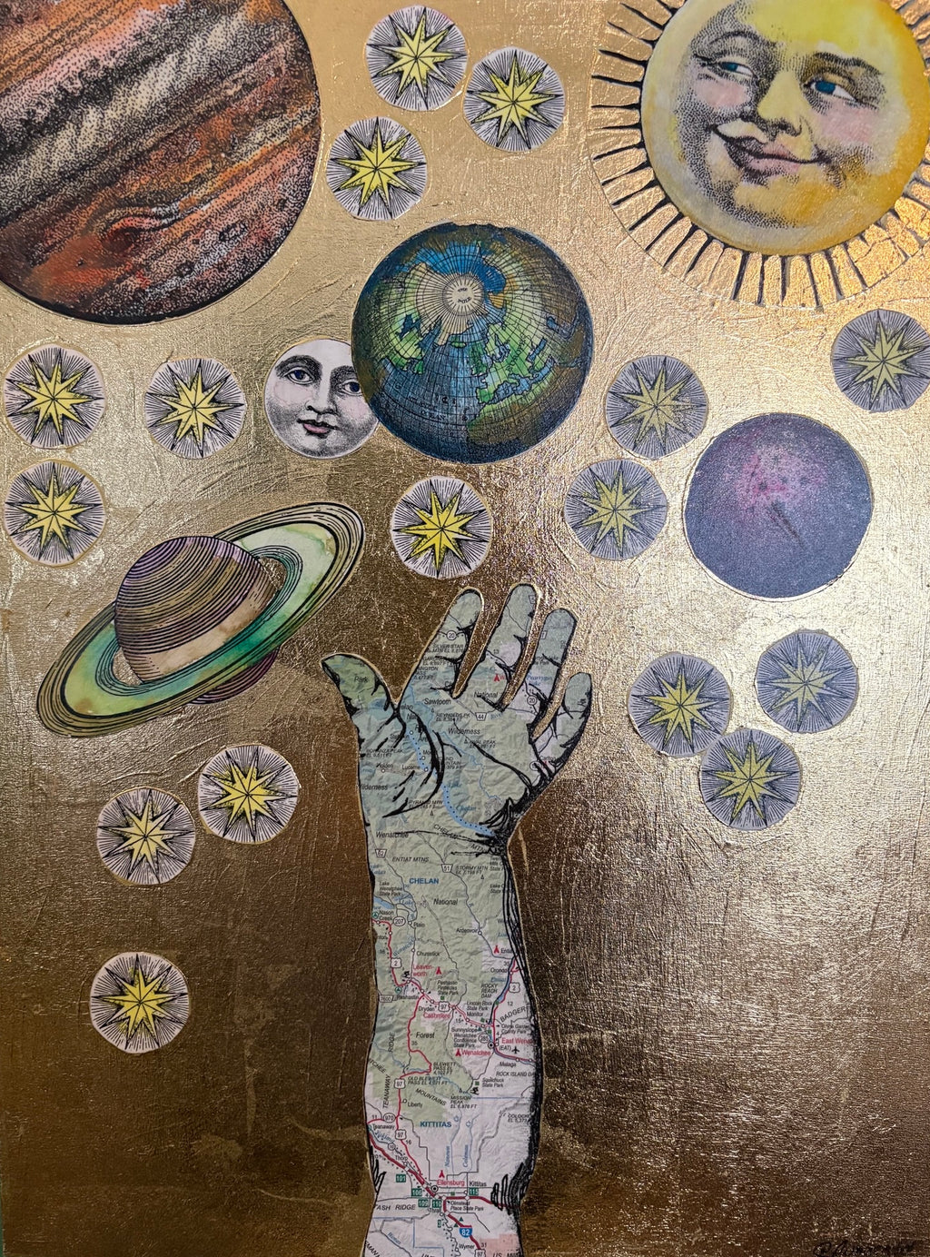 "Explorer" mixed media collage with gold leaf