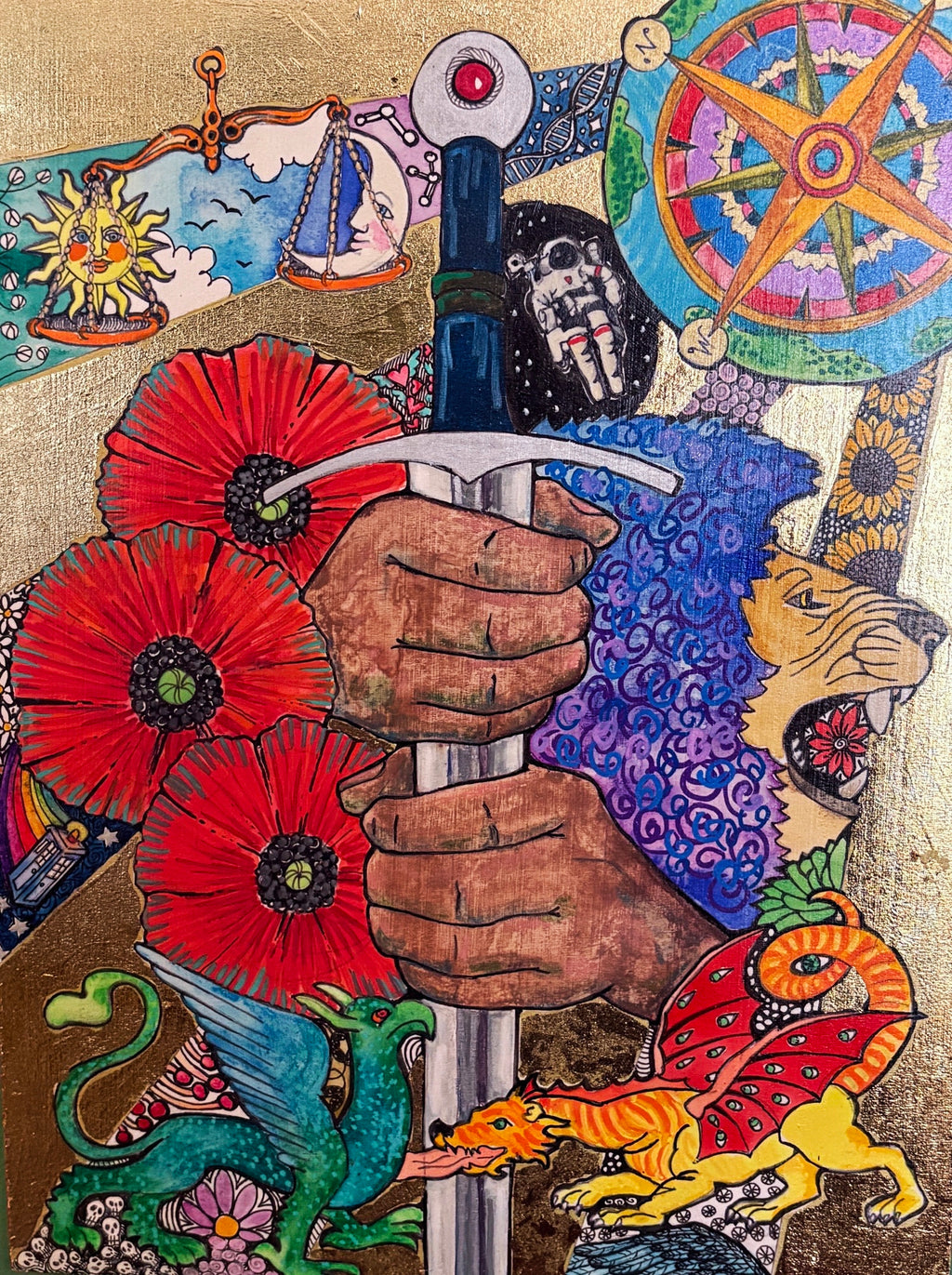 "Hero" mixed media collage with gold leaf