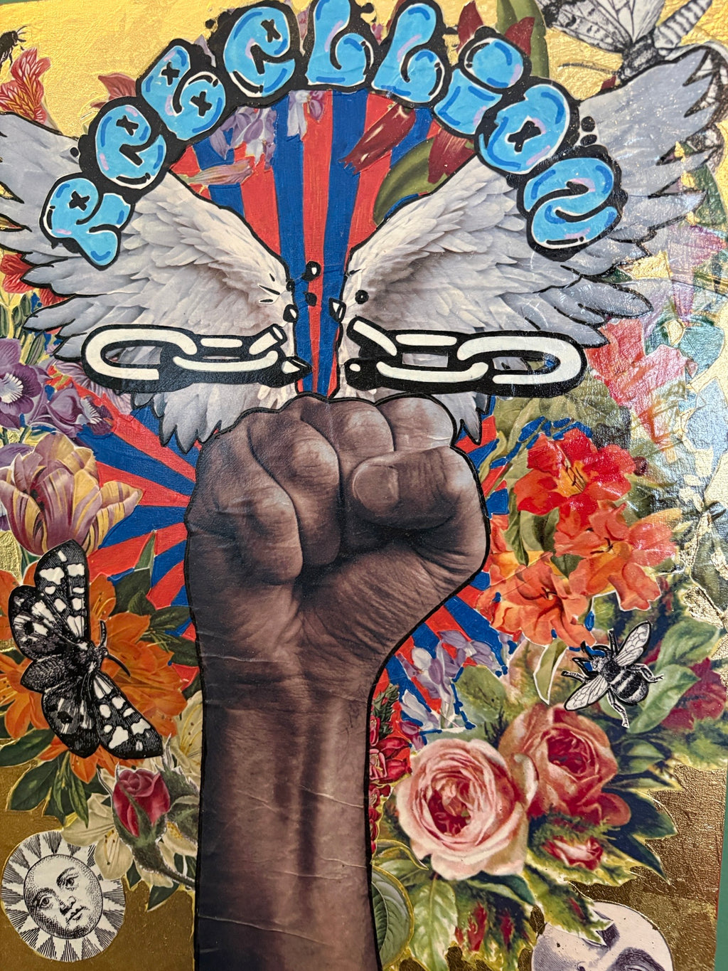 "Rebel" mixed media collage with gold leaf