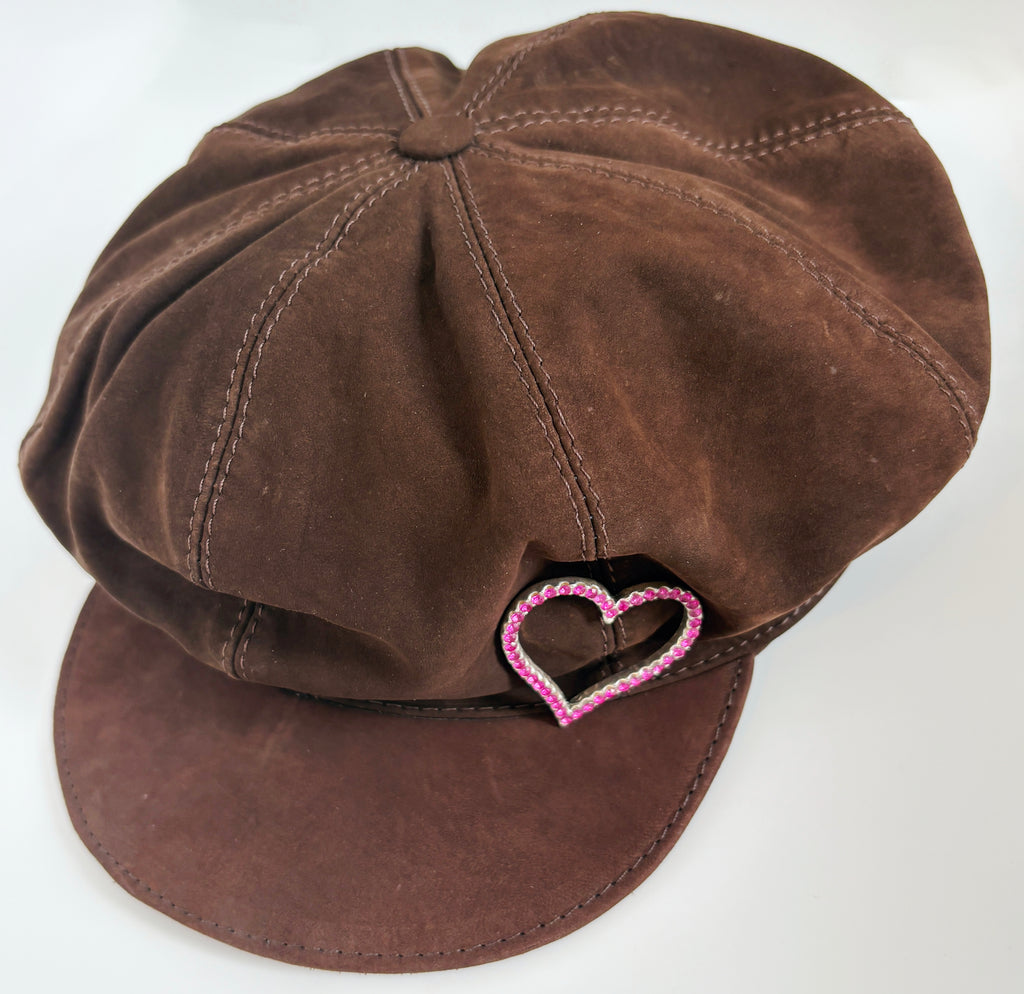 Suede Newsboy Cap with Heart Brooch