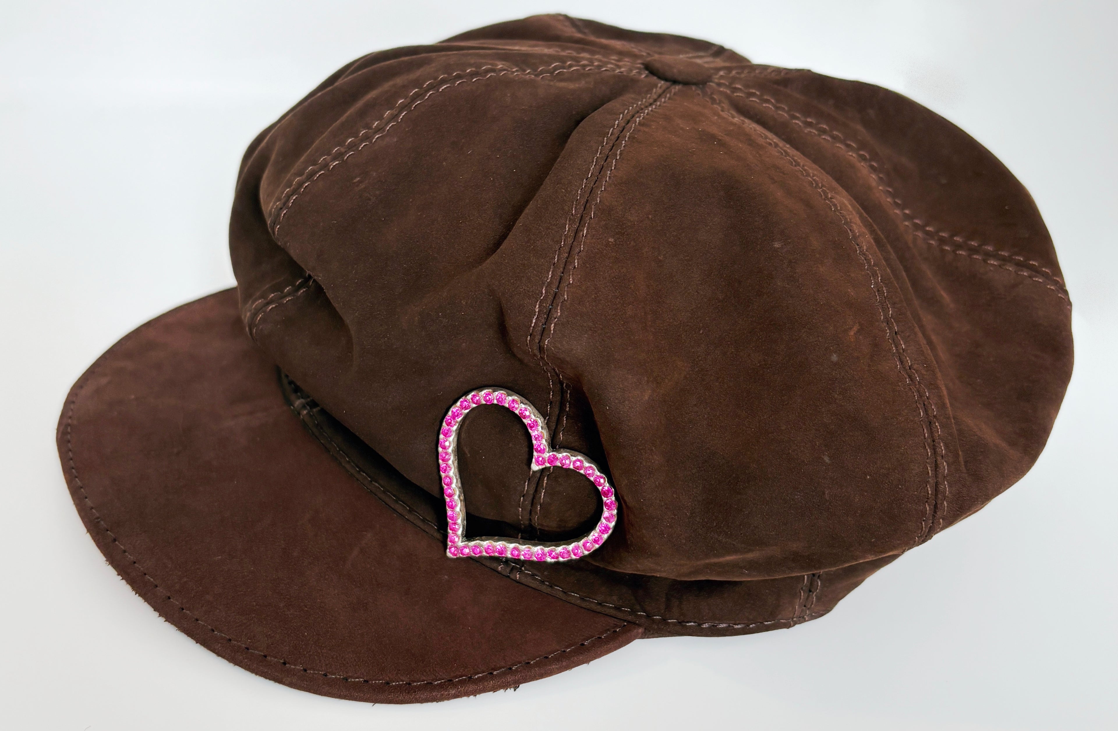 Suede Newsboy Cap with Heart Brooch